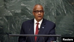 FILE - Foreign Minister Abdisalam Omer of Somalia addresses a plenary meeting of the United Nations Sustainable Development Summit 2015 at the United Nations headquarters in New York, Sept. 26, 2015. 