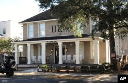 This Nov. 7, 2017, photo shows the Pi Kappa Phi fraternity house near Florida State University in Tallahassee, where a fraternity pledge died of alcohol poisoning.