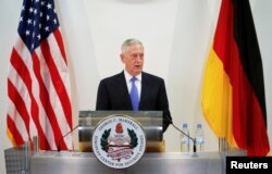 U.S. Defence Minister James N. Mattis talks at a press conference before the commemoration of the 70th anniversary of the Marshall Plan at the George C. Marshall Center in Garmisch-Partenkirchen, Germany, June 28, 2017.