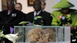FILE - Skulls of Ovaherero and Nama people are displayed during a devotion attended by representatives of the tribes from Namibia in Berlin, Germany, Sept. 29, 2011.
