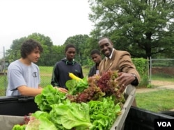 Bladensburg, Maryland Mayor Walter James gets his pick of produce from the Philip Sidibe, Adam Sidibe and Wudood Omran. (Rosanne Skirble/VOA)