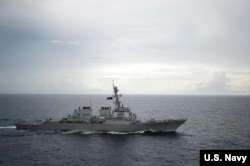 FILE - Guided-missile destroyer USS Decatur (DDG 73) operates in the South China Sea as part of the Bonhomme Richard Expeditionary Strike Group (ESG).