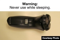 Second place in the Wacky Warning Labels contest went to the person who sent in the label on this electric razor. (Courtesy Center for America)