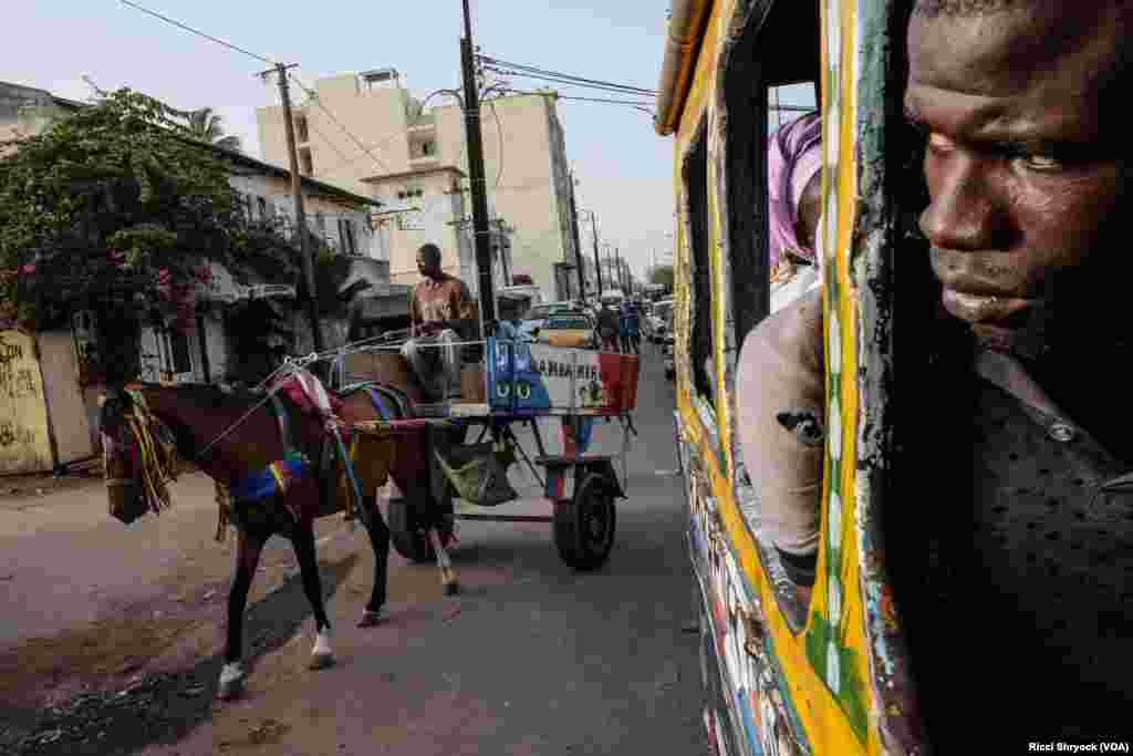 A passenger looks out the window of a car rapide as a horse cart passes in Dakar, Senegal. (R. Shryock/VOA)