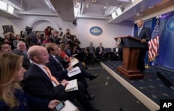 President Barack Obama thanks the members of the press as he begins his final presidential news conference, Jan. 18, 2017, in the Brady Press Briefing Room of the White House in Washington. Obama said having reporters in the White House made him better, and that a free press is essential to democracy.