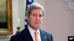 FILE - U.S. Secretary of State John Kerry speaks to reporters in London, Feb. 21, 2015. 