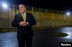 U.S. Secretary of State Mike Pompeo speaks to the press at the U.S. Embassy compound in Baghdad, Iraq, Jan. 9, 2019.