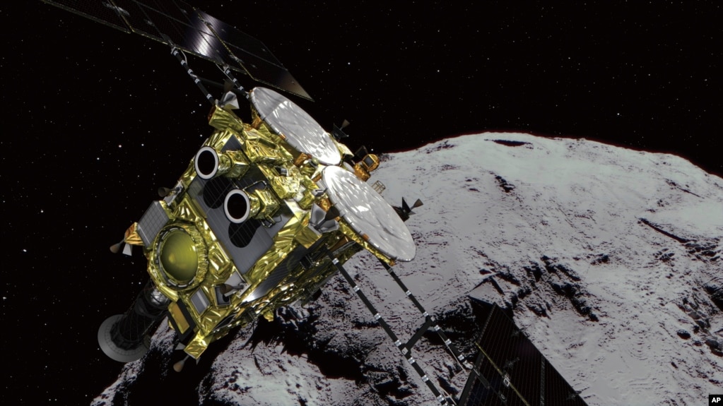 This computer graphics image provided by the Japan Aerospace Exploration Agency (JAXA) shows an asteroid and asteroid explorer Hayabusa2. The Japanese unmanned spacecraft Hayabusa2 released two small Minerva-II-1 rovers on the asteroid Ryugu on Friday, Sept. 21, 2018 (JAXA via AP).