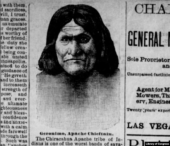 Illustration of Geronimo in the Las Vegas Daily Gazette, February 14, 1886, seven months before his final surrender.