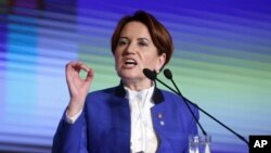 Meral Aksener, a former Turkish interior minister and deputy parliament speaker, addresses her party's first meeting in Ankara, Oct. 25, 2017. Hoping to challenge President Recep Tayyip Erdogan in elections set for 2019, Aksener founded the center-right Iyi Party (Good Party) in Ankara with a group of legislators who broke away from Turkey's nationalist party this year.