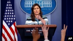 White House press secretary Sarah Huckabee Sanders speaks during the daily press briefing at the White House, May 1, 2018, in Washington.