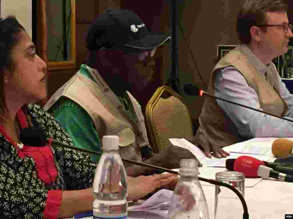 Former Nigerian President Olusegun Obasanjo gives observers a briefing in Kampala, noting numerous faults before and after voting, Feb. 20, 2016. He said the group's final report will be released later.