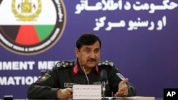 Deputy Interior Minister Gen. Akhtar Mohammad Ibrahimi, gives a press conference at the Government Media and Information Center, in Kabul, Afghanistan, Nov. 26, 2018.