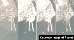 유류 저장소가 모여 있는 북한 남포 항을 찍은 위성사진. 왼쪽부터 차례대로 지난달 11일과 19일, 27일, 31일의 변화된 모습을 보여준다. 붉은 원으로 표시된 지점에 있던 선박이 사라지기도 하고, 반대로 나타나기도 한다.