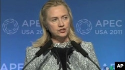 U.S. Secretary of State Hillary Clinton speaks at APEC in Hawaii.