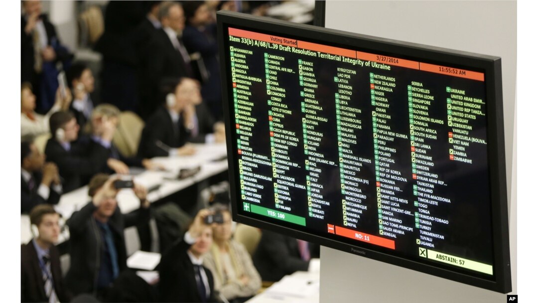 A digital display shows the results of a vote on a draft resolution upholding the territorial integrity of Ukraine at United Nations headquarters, March 27, 2014.