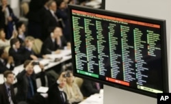 A digital display shows the results of a vote on a draft resolution upholding the territorial integrity of Ukraine at United Nations headquarters, March 27, 2014.