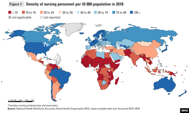 World Health Organization chart showing nursing shortage in low- and lower-middle income countries