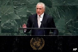Brazil's President Michel Temer addresses the 73rd session of the United Nations General Assembly, at U.N. headquarters, Sept. 25, 2018.