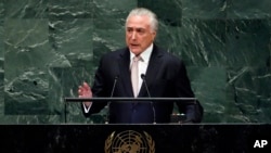 Brazil's President Michel Temer addresses the 73rd session of the United Nations General Assembly, at U.N. headquarters, Sept. 25, 2018. 