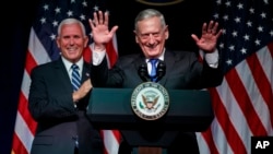Secretary of Defense Jim Mattis introduces Vice President Mike Pence during an event on the creation of a United States Space Force, Thursday, Aug. 9, 2018, at the Pentagon. 