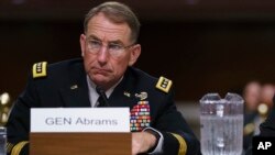 FILE - Gen. Robert Abrams looks to the dais as he testifies before the Senate Armed Services Committee on Capitol Hill in Washington, Sept. 25, 2018.