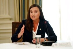 FILE - Florida Attorney General Ashley Moody speaks during a roundtable discussion at the White House in Washington, June 8, 2020.