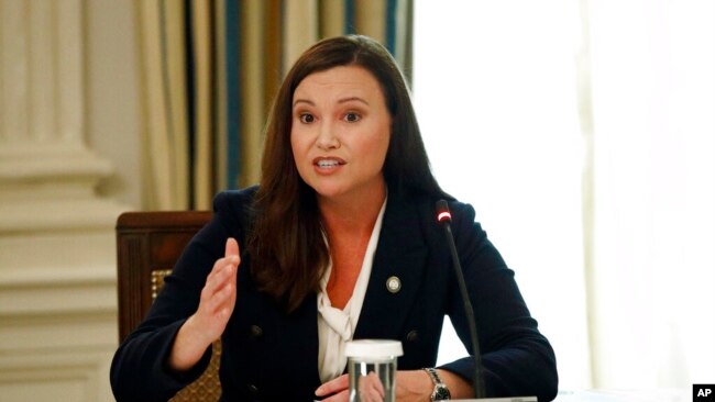 FILE - Florida Attorney General Ashley Moody speaks during a roundtable discussion at the White House in Washington, June 8, 2020.