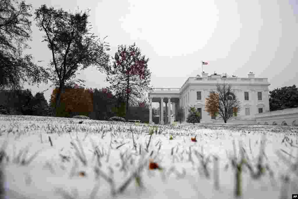 نمایی از کاخ سفید در روز برفی