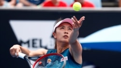 FILE - A file photo of China’s Peng Shuai serving during a match at the Australian Open, Jan. 15, 2019.