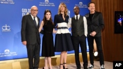 President of the Hollywood Foreign Press Association Lorenzo Soria, from left, Anna Kendrick, Laura Dern, Don Cheadle and EVP of Television for Dick Clark Productions Barry Adelman pose during the nominations for the 74th annual Golden Globe Awards at the