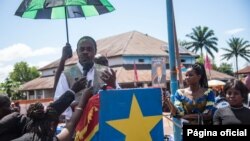 Dr. Oly Ilunga Kalenga, minister of health of the Democratic Republic of Congo, addresses residents at the town all of Mbandaka, May 21, 2018, during the launch of the Ebola vaccination campaign.