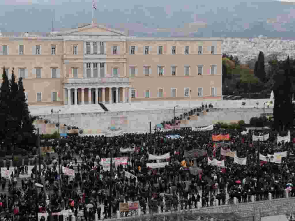 Demonstrators rally in front of Parliament in Athens on February 10, 2012. (AP)