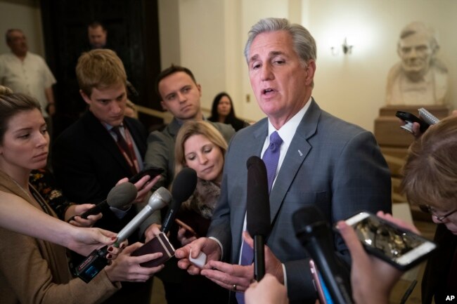 House Majority Leader Kevin McCarthy, R-Calif., speaks to reporters as he returns to the Capitol from a meeting with President Donald Trump about border security and ending the partial government shutdown, in Washington, Jan. 2, 2019.