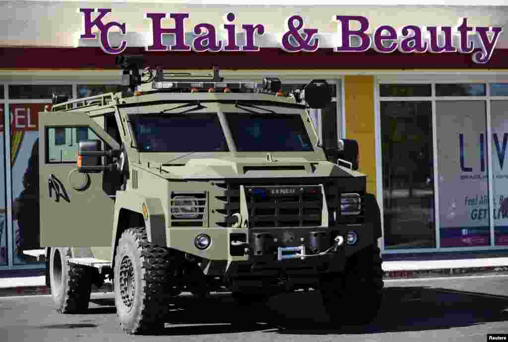 An armored vehicle is parked at Mondawmin Mall in Baltimore April 28, 2015.