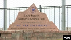 The softball field at Columbine High School in Littleton, Colorado, is dedicated to slain teacher Dave Sanders, who was among 13 killed on April 20, 1999. (M. Burke/VOA)