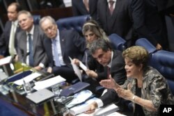 Brazil's suspended President Dilma Rousseff speaks at her own impeachment trial, in Brasilia, Brazil, Aug. 29, 2016.