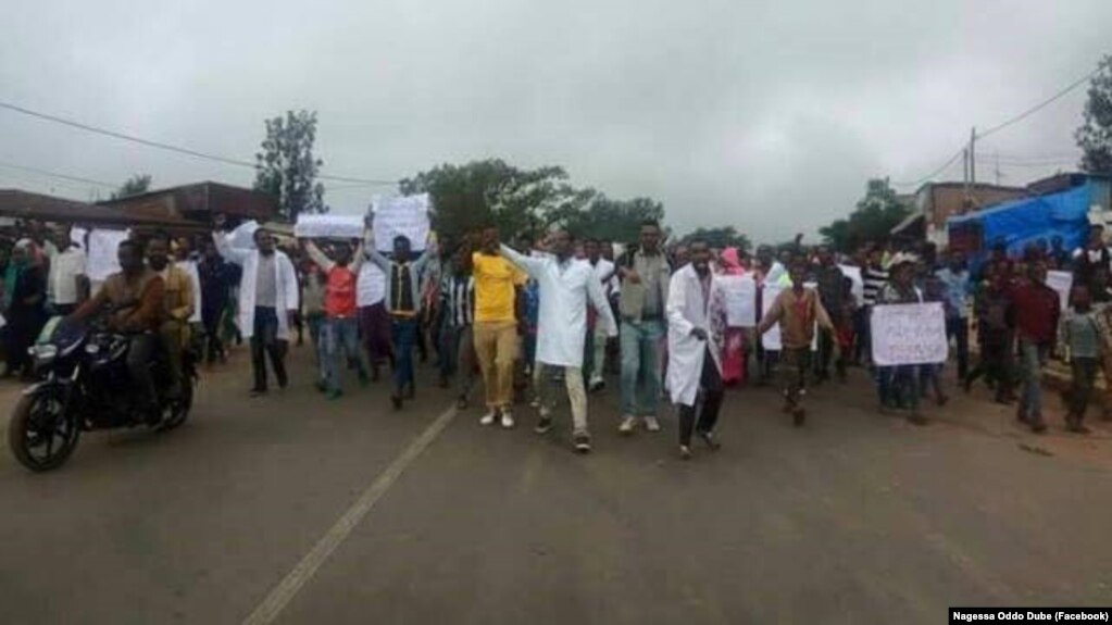 Demonstrators protest MIDROC mining's alleged environmental degradation, marching in Ethiopia's Goro Dola district, May 8, 2018. Ethiopia's government suspended MIDROC's mining permit Wednesday. 