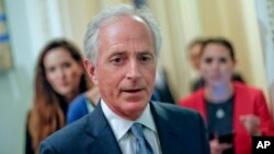 FILE - Sen. Bob Corker, R-Tenn., speaks to members of the media on Capitol Hill in Washington, May 2, 2017. 