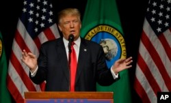 Republican presidential candidate Donald Trump speaks during a rally in Spokane, Washington, May 7, 2016.