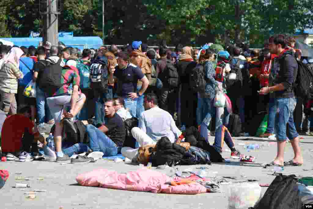 Hundreds of people waited outside the temporary camp all day on Tuesday, saying bad weather along with a lack of food and water are making more and more people sick, Opatovac, Croatia, Sept. 22, 2015. (Heather Murdock/VOA) 