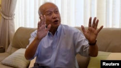 Prince Norodom Ranariddh gestures during an interview with Reuters at his home in central Phnom Penh, Cambodia, Oct. 14, 2017. 