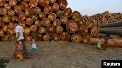 A woman walks with children near logs at a timber yard in Rangoon, Burma, also known as Myanmar, Jan. 31, 2014.