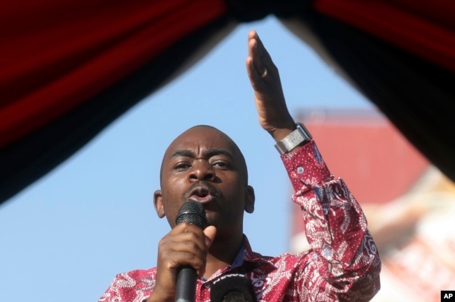 FILE - Opposition leader Nelson Chamisa speaks in Harare, Zimbabwe, Oct. 27, 2018.