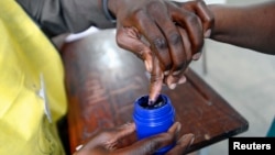 FILE - A voter's finger is marked after voting in the general election in Maputo, October 2014.