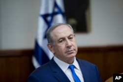 Israeli Prime Minister Benjamin Netanyahu attends the weekly cabinet meeting at his office in Jerusalem, Jan. 8, 2017.