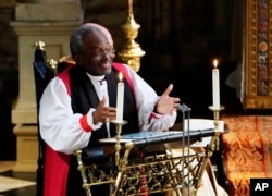 The Most Rev Bishop Michael Curry, primate of the Episcopal Church, speaks during the wedding ceremony of Prince Harry and Meghan Markle, May 19, 2018.