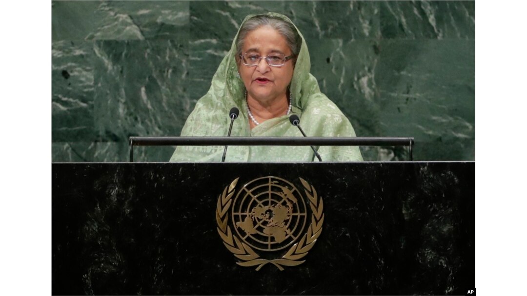 FILE - Bangladesh's Prime Minister Sheikh Hasina addresses the 73rd session of the United Nations General Assembly at the United Nations headquarters, Sept. 27, 2018.