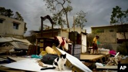 Efrain Diaz Figueroa, right, walks by his sister's home destroyed in the passing of Hurricane Maria, in San Juan, Puerto Rico, Monday, Oct. 9, 2017.