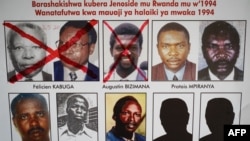 A red cross is seen drawn on the face of Augustin Bizimana (top R), one of the most-wanted fugitives from the 1994 Rwandan genocide, next to the red-crossed face of Felicien Kabuga (top 2nd R), who was arrested. (File)